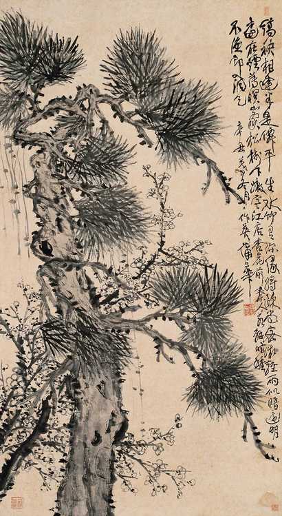 蒲华 1901年作 青松白梅图 立轴